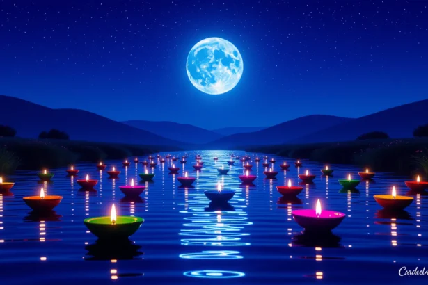 O mulțime de lumânări colorate plutesc pe o apă liniștită, sub lumina lunii pline, simbolizând speranța și liniștea sufletească.