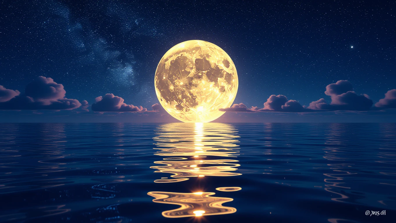 O lună plină strălucind pe un ocean calm, sub un cer înstelat.