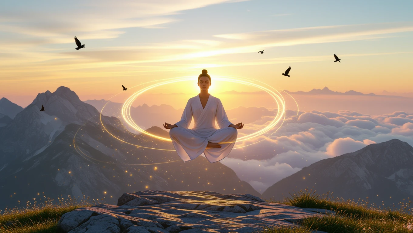O persoană meditând în aer, înconjurată de munți și nori, emanând energie.