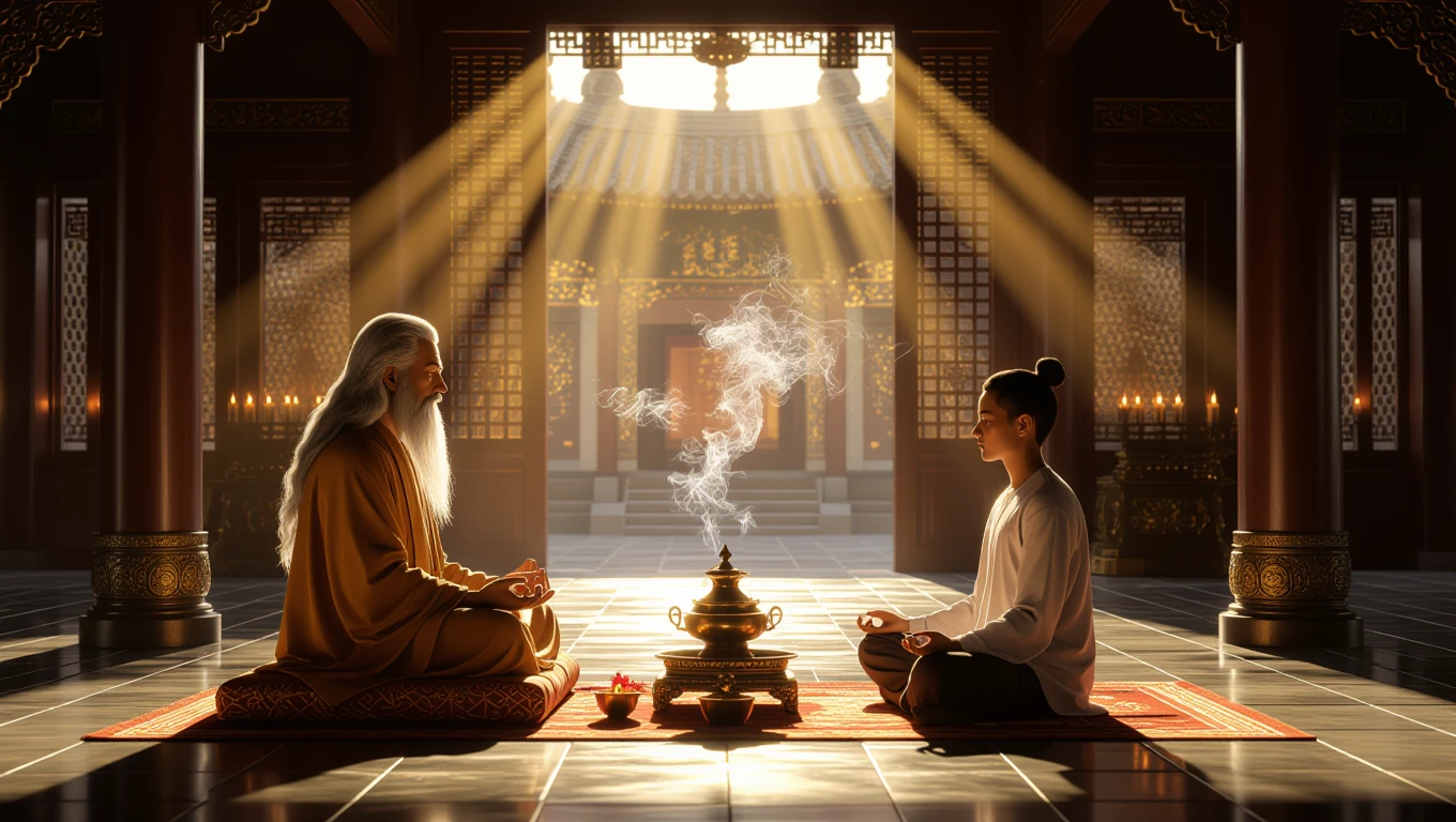 O scenă de meditație între un maestru și un discipol, cu lumina soarelui filtrată prin feronerie.