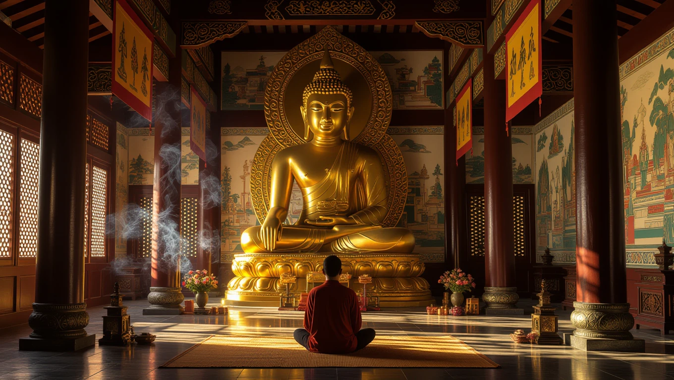 O persoană meditând într-un templu cu o statuie mare a lui Buddha, înconjurată de flori și lumânări.