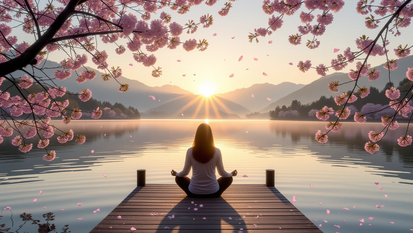 O femeie meditând pe un pont, înconjurată de flori de cireș și un peisaj montan la apus.