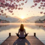 O femeie meditează pe un pont, înconjurată de flori de cireș, la apus.