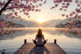 O femeie meditează pe un pont, înconjurată de flori de cireș, la apus.