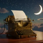 O mașină de scris elegantă pe un birou, cu o foaie de hârtie care conține un mesaj, sub un cer înstelat și o lună strălucitoare.