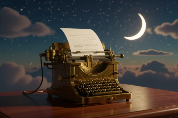 O mașină de scris elegantă pe un birou, cu o foaie de hârtie care conține un mesaj, sub un cer înstelat și o lună strălucitoare.