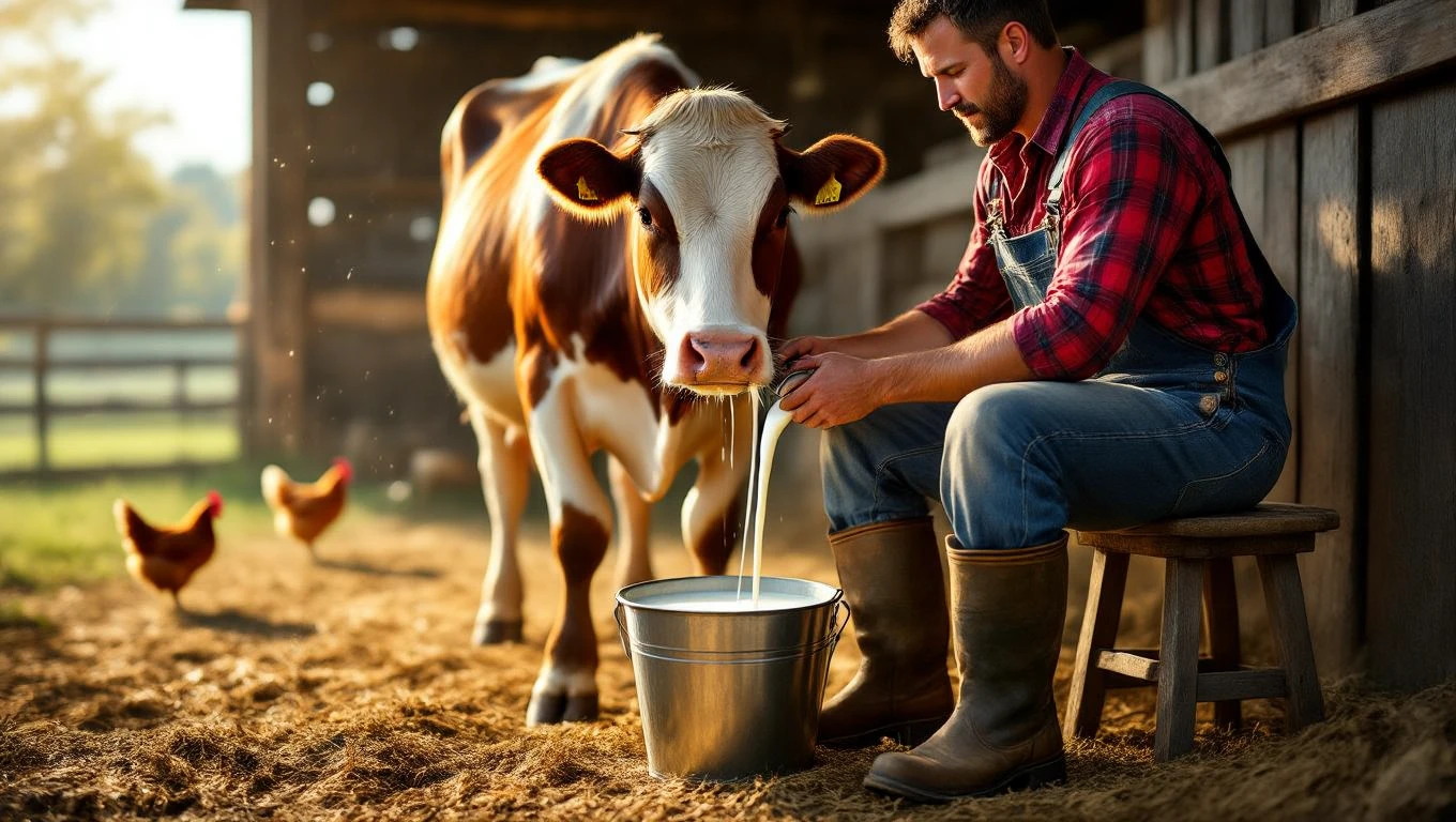 Un fermier mulgând o vacă într-o fermă, cu găini în fundal.