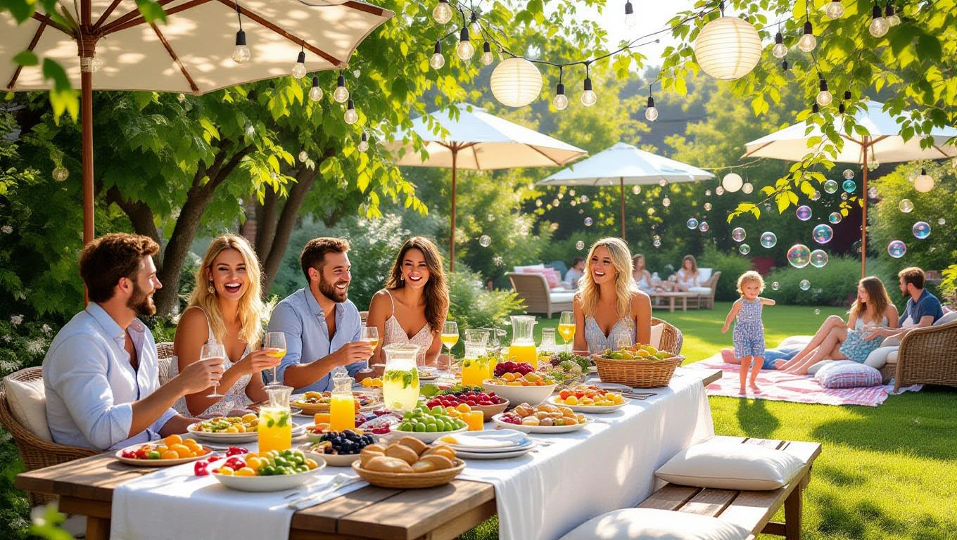 O petrecere de vară în grădină, cu prieteni zâmbind și savurând fructe proaspete.