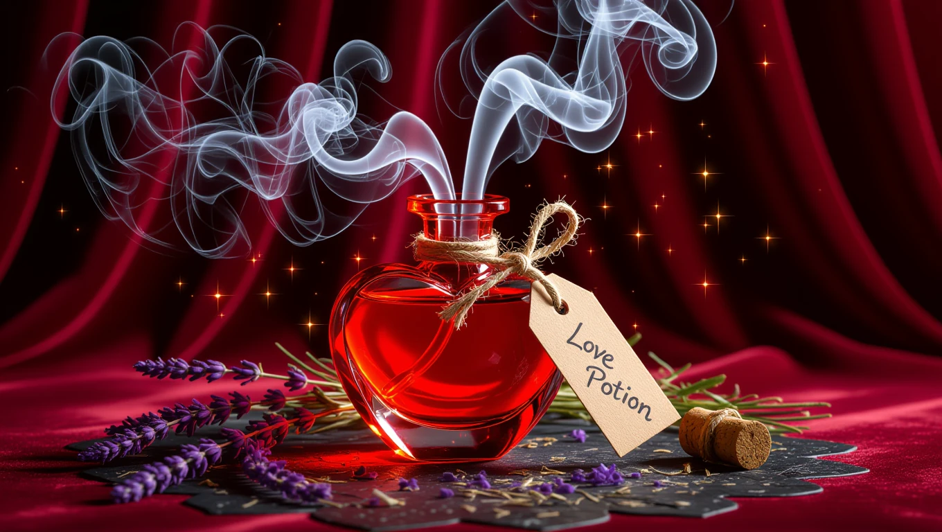 Un recipient în formă de inimă conține o poțiune roșie, învăluită în fum alb, simbolizând dragostea și dorința.