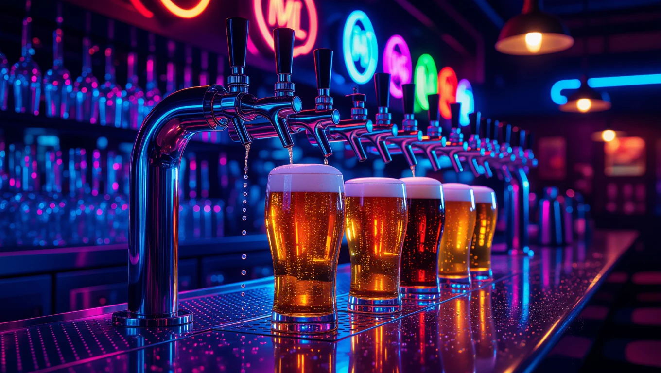 Un bar modern cu robinete de bere strălucitoare și pahare pline.