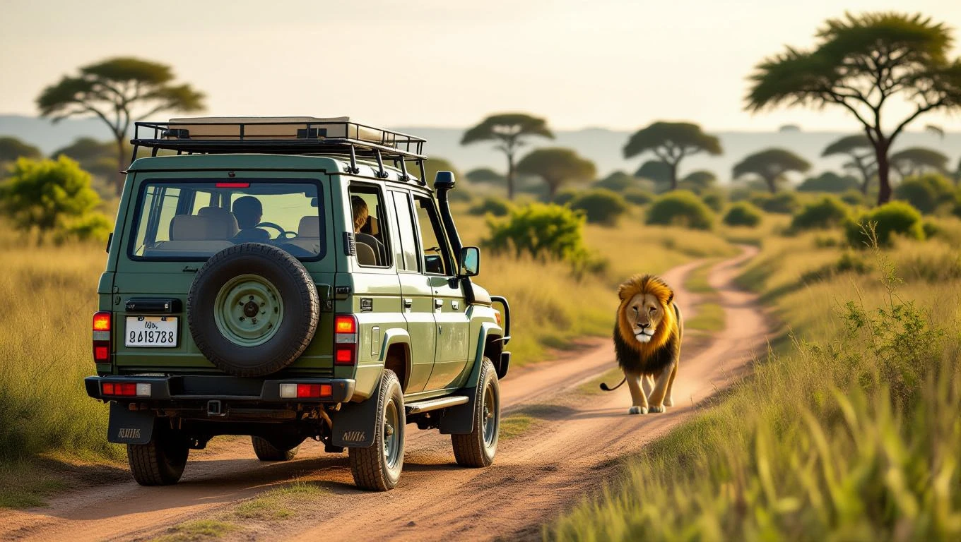 Un vehicul de safari verde se află pe o cărare de pământ, în fața unui leu majestuos, simbolizând aventura și explorarea.