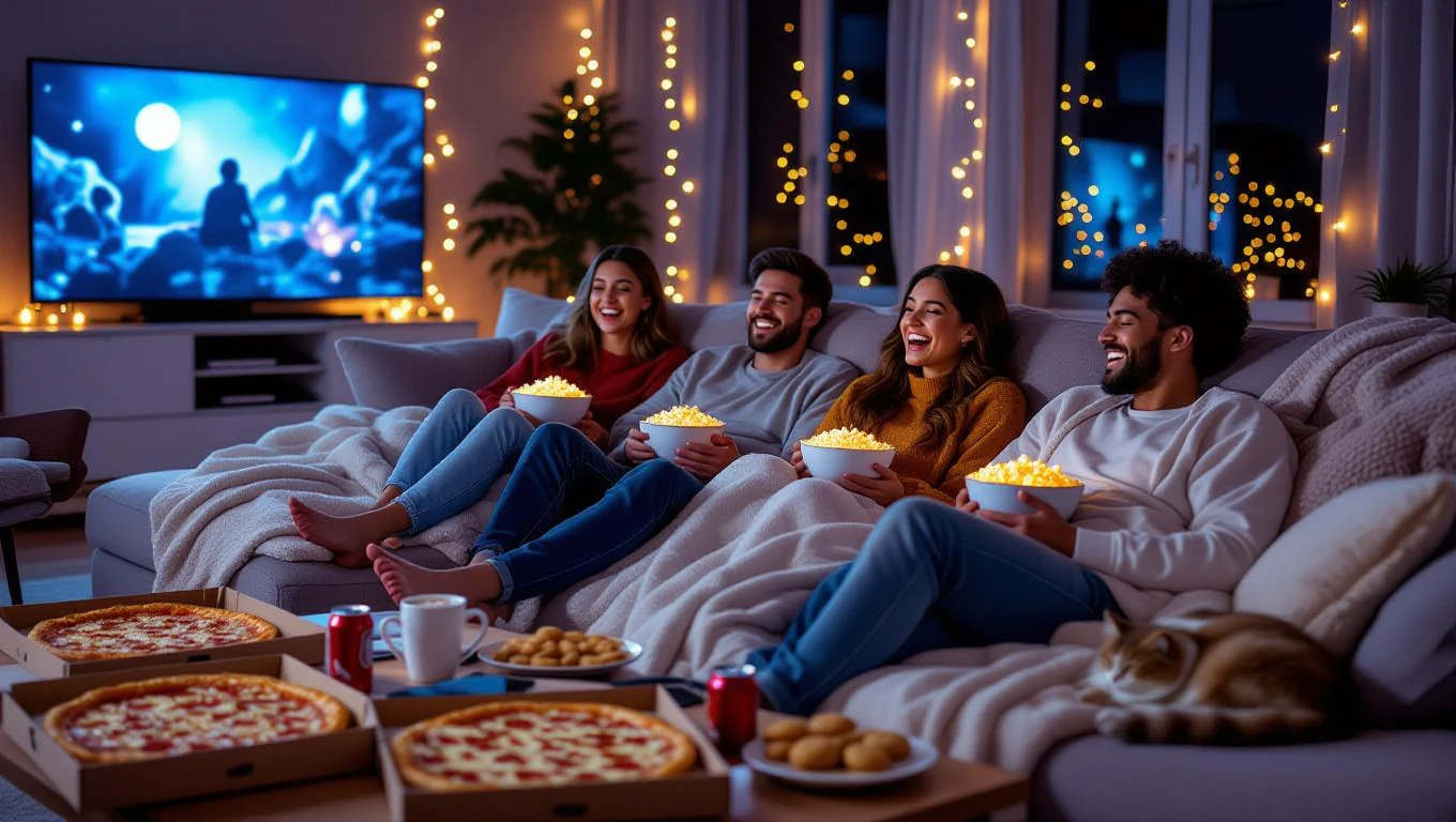 Un grup de prieteni se bucură de o seară de film, râzând și savurând popcorn.