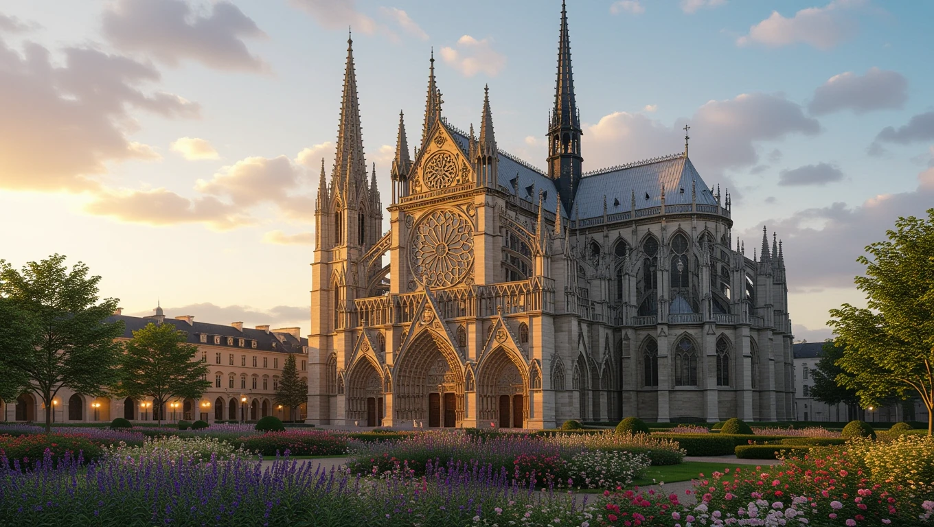O catedrală impunătoare, cu turnuri înalte și detalii arhitecturale elaborate, înconjurată de flori și copaci.