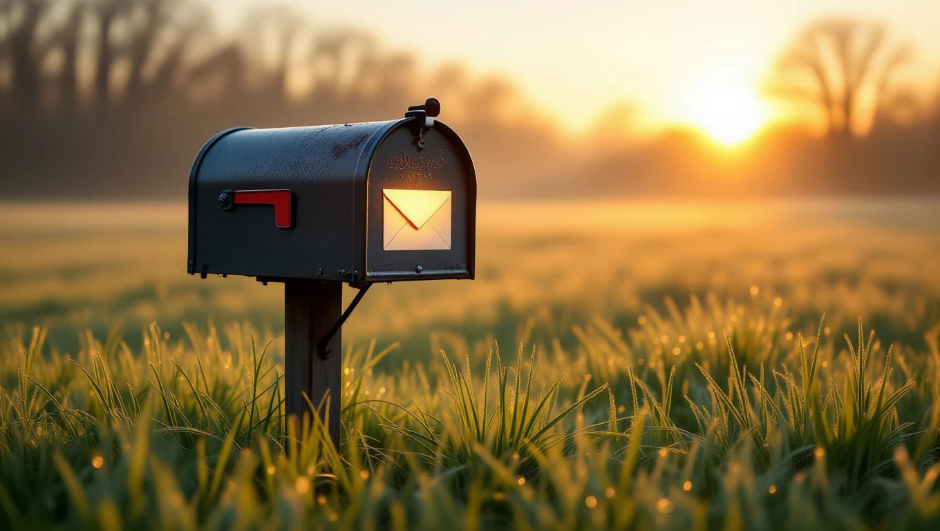 O cutie poștală neagră, iluminată de razele soarelui, în mijlocul unui câmp verde, simbolizând așteptarea unui mesaj important.
