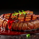 O friptură suculentă, gătită perfect, cu sos roșu și ierburi proaspete pe o farfurie elegantă.