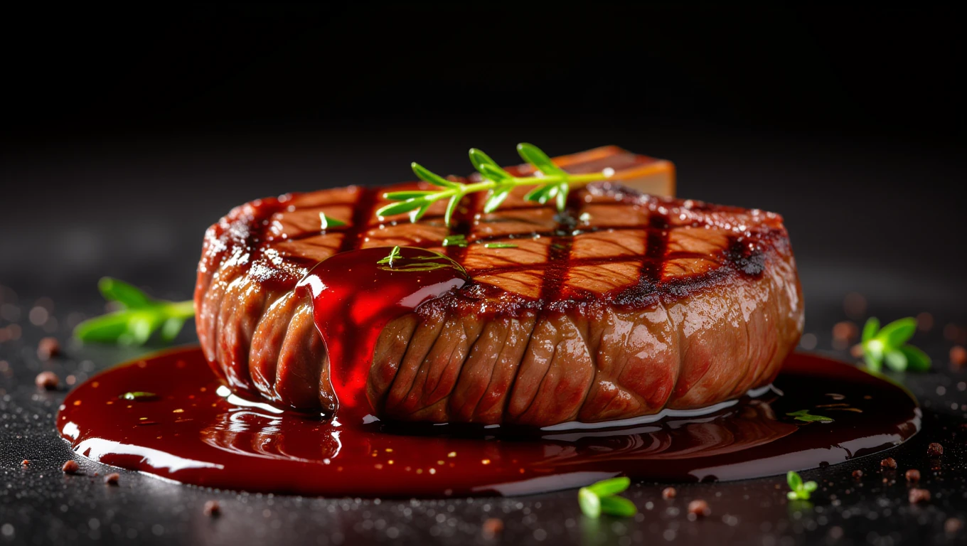 O friptură suculentă, gătită perfect, cu sos roșu și ierburi proaspete pe o farfurie elegantă.