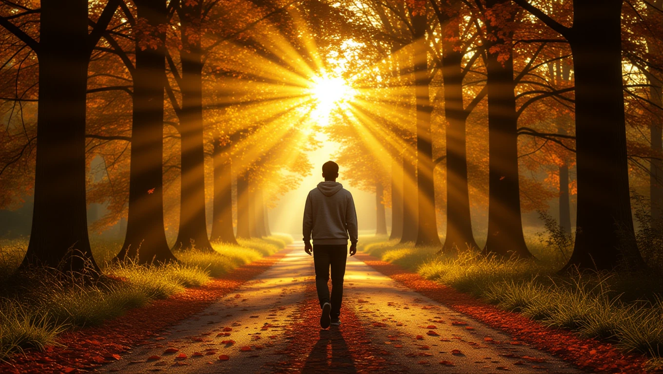 Un bărbat merge pe un drum înconjurat de copaci, cu raze de soare strălucind printre frunzele de toamnă.