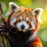 Un panda roșu zâmbitor, așezat pe un copac, cu blana sa roșie și albă strălucind în lumina naturală.