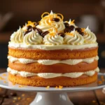 O prăjitură cu cafea, decorată cu frișcă, boabe de cafea și coajă de portocal, pe un platou alb.