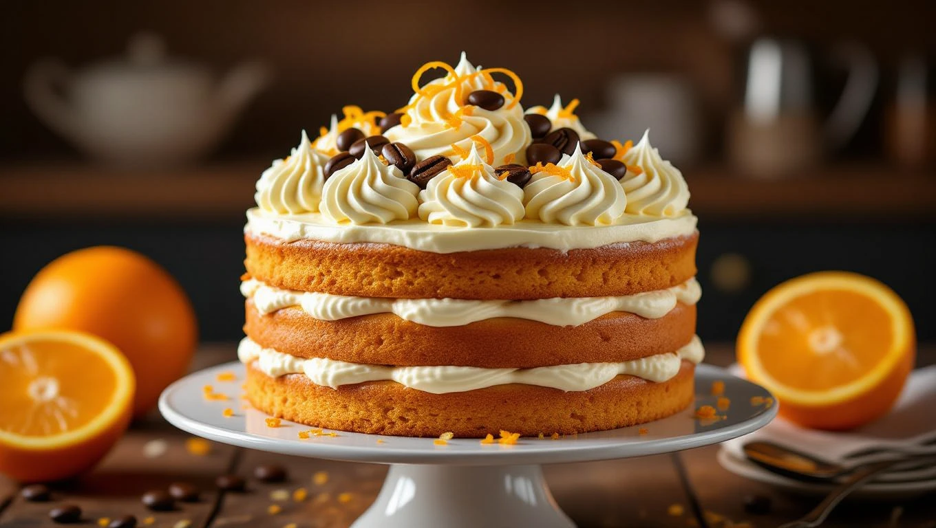 O prăjitură cu cafea, decorată cu frișcă, boabe de cafea și coajă de portocal, pe un platou alb.