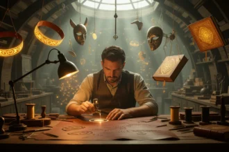 Un bărbat lucrează cu atenție la prelucrarea pielii, înconjurat de un mediu artistic, cu măști și cărți suspendate.