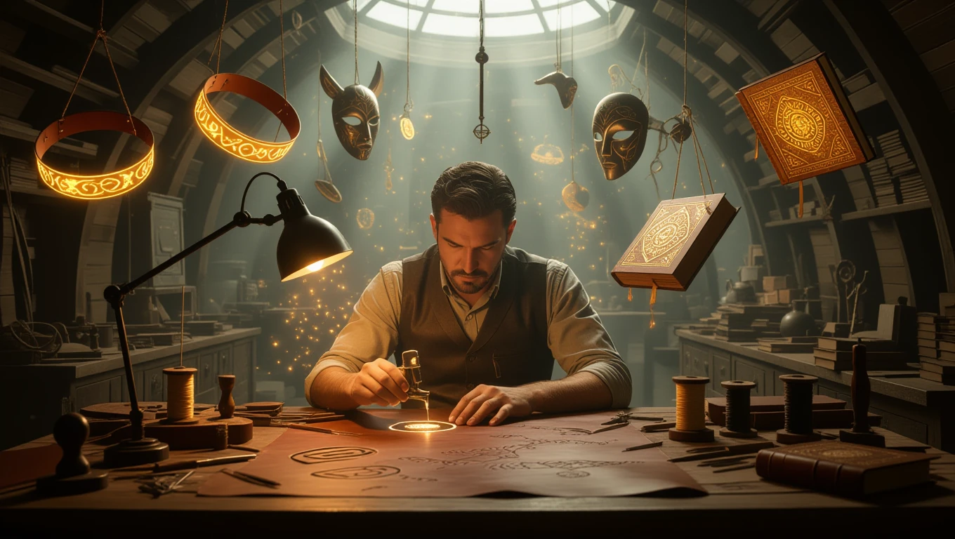 Un bărbat lucrează cu atenție la prelucrarea pielii, înconjurat de un mediu artistic, cu măști și cărți suspendate.