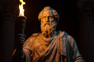 O statuie impunătoare cu o torță aprinsă, simbolizând lumina și ghidarea în întuneric.