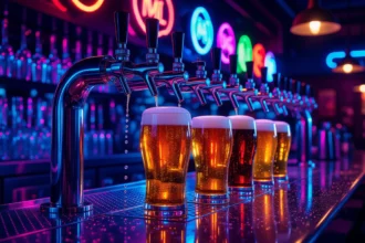Un robinet de bere strălucitor cu pahare pline de bere, într-un bar vibrant.