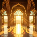 Interiorul unui palat oriental, cu feronerie detaliată și lumina soarelui filtrată prin feronerie colorată.