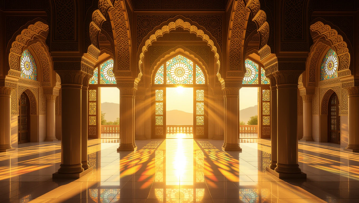 Interiorul unui palat oriental, cu feronerie detaliată și lumina soarelui filtrată prin feronerie colorată.