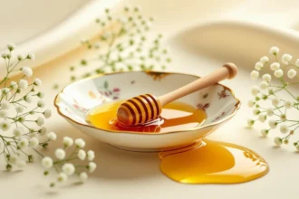 Un bol cu miere aurie, alături de flori albe delicate, simbolizând bucuria și recompensele în viață.