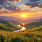 O vale fluvială verde, cu flori colorate și un râu strălucitor, sub un cer senin la apus.