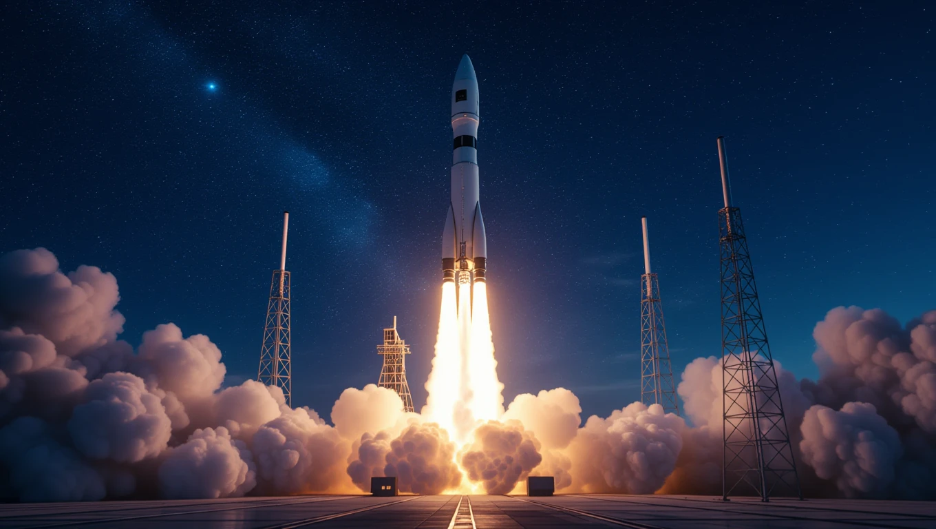 O rachetă se lansează în noaptea înstelată, simbolizând începuturi și curaj.