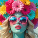 O femeie cu părul lung și ondulat, purtând o coroană de flori colorate și ochelari de soare roz, simbolizând libertatea și autenticitatea.