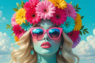 O femeie cu părul lung și ondulat, purtând o coroană de flori colorate și ochelari de soare roz, simbolizând libertatea și autenticitatea.