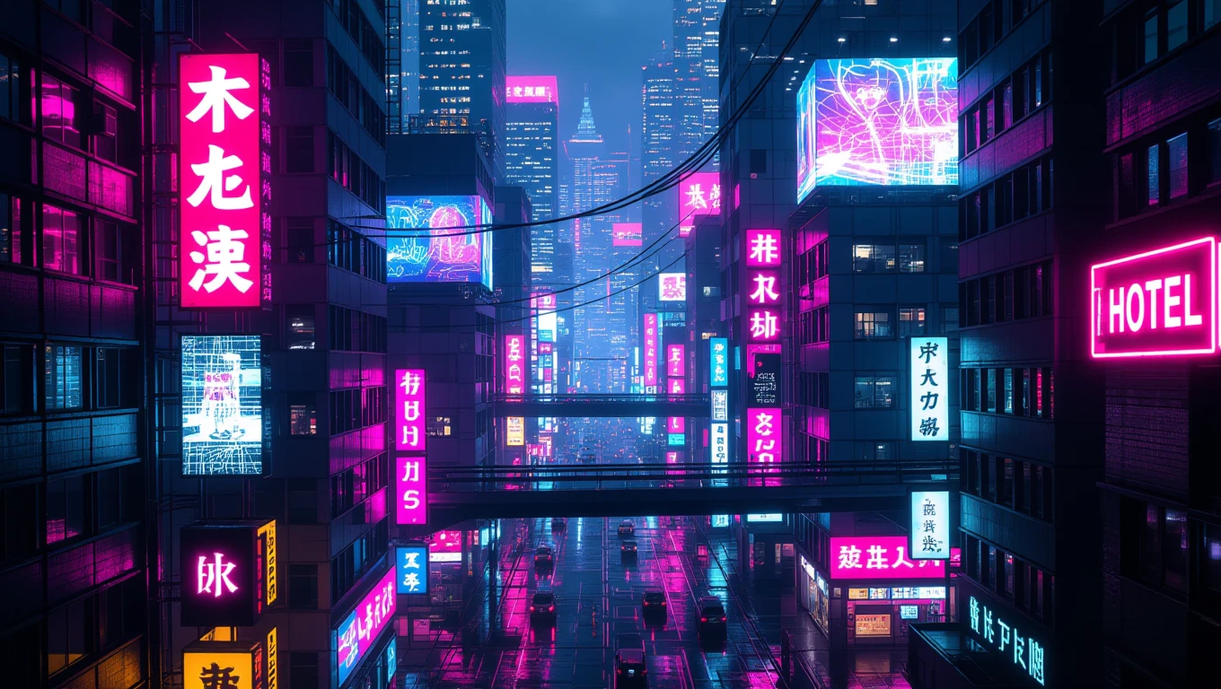 O stradă cyberpunk plină de lumini neon și reclame vibrante, cu clădiri înalte.