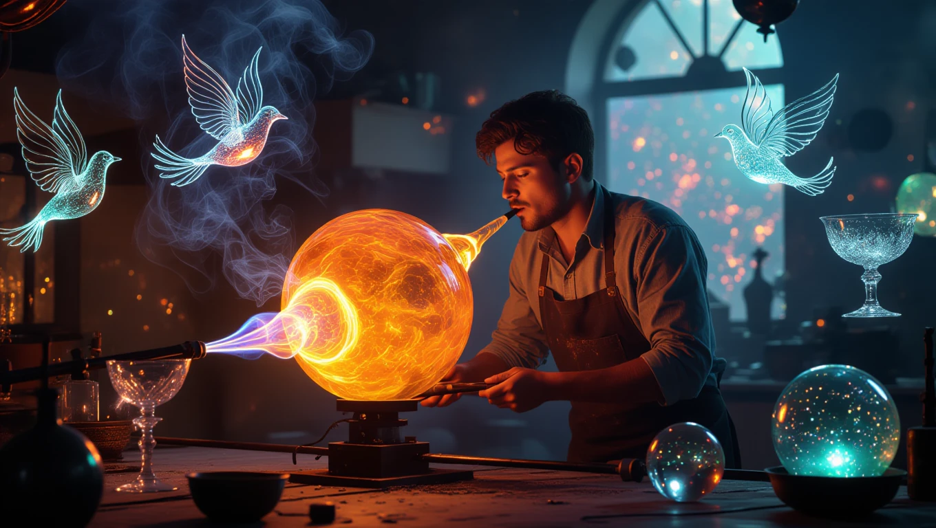 Un meșteșugar suflă sticlă, creând forme delicate, înconjurat de lumini și simboluri de păsări, sugerând creativitate și răbdare.
