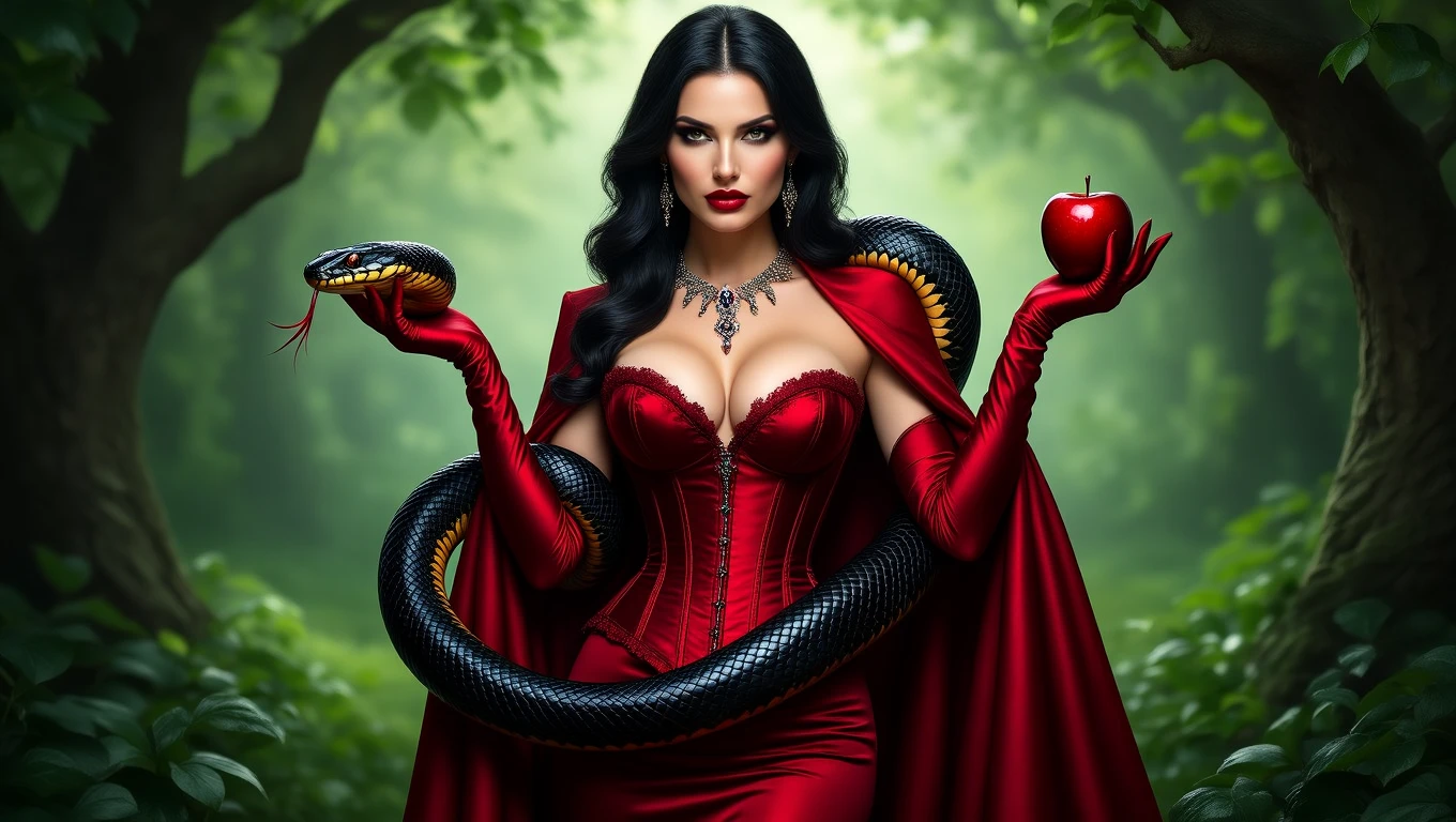 O femeie seducătoare îmbrăcată în roșu, ținând un măr și un șarpe, simbolizând tentația.
