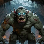 Un troll înfricoșător, cu colți ascuțiți și ochi strălucitori, stă în peșteră, simbolizând temeri interioare.