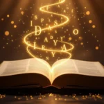 O carte deschisă cu litere aurii care plutesc în aer, simbolizând comunicarea și visele.