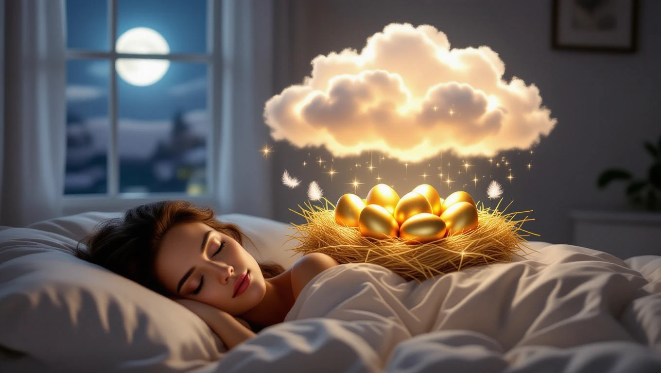 O femeie doarme liniștită în pat, visând la un cuib cu ouă de aur strălucitoare, simbolizând noroc și oportunități.