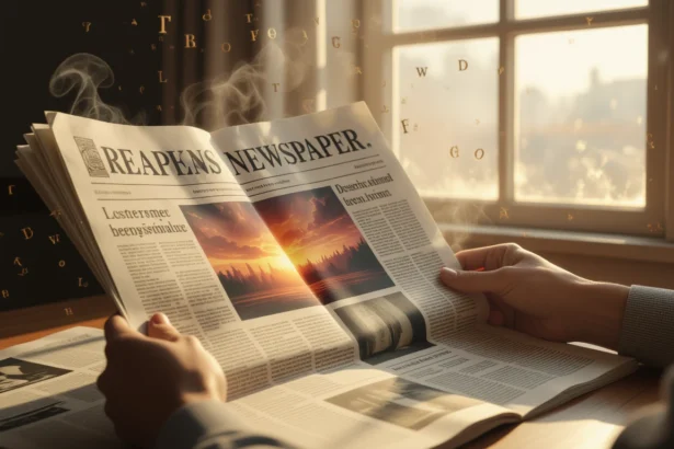 O persoană citește un ziar deschis, cu litere care plutesc în aer, sugerând curiozitate și dorința de a afla noutăți.