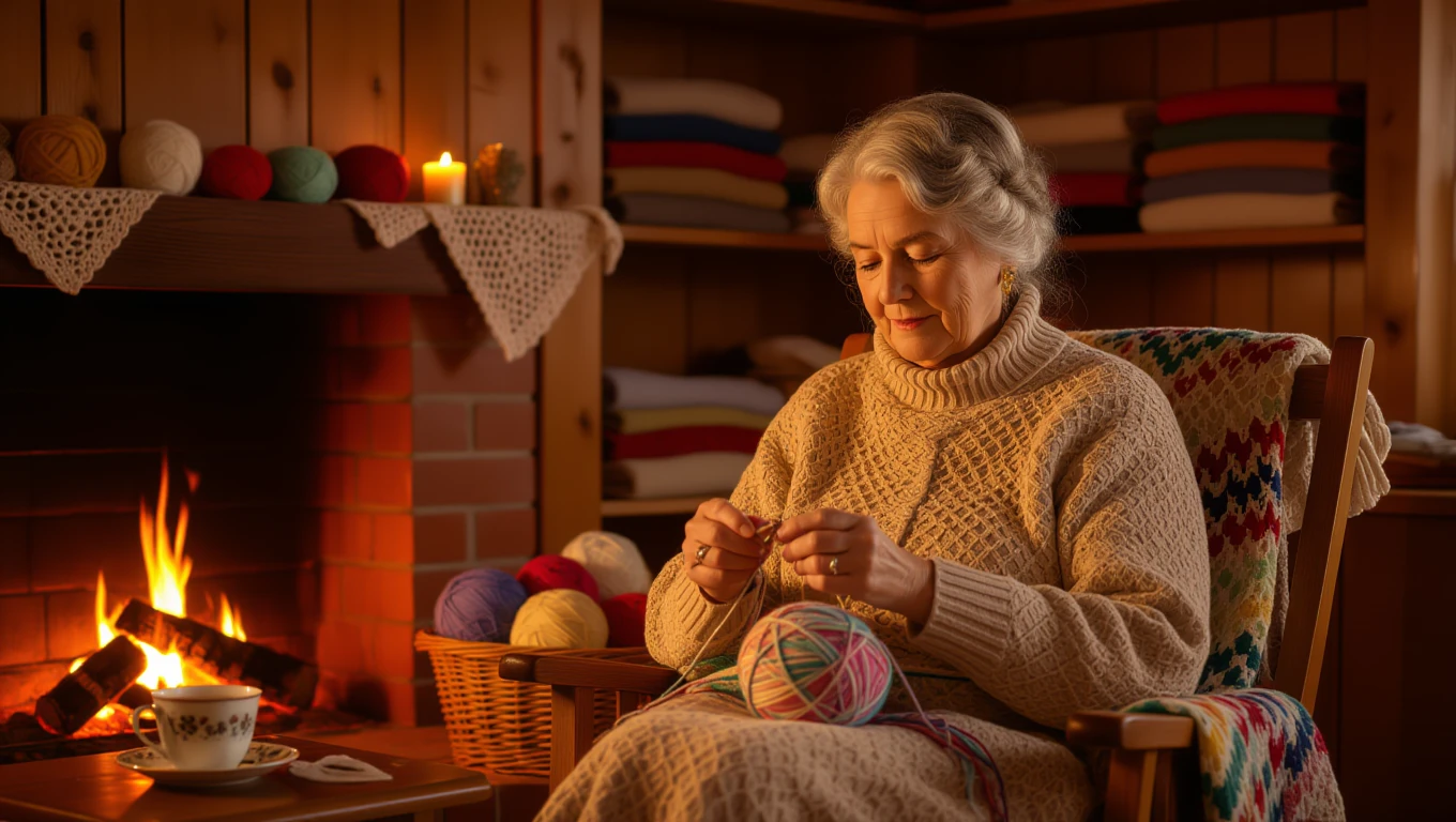 O femeie în vârstă croșetează lângă un șemineu, înconjurată de fire colorate.