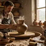 Un olar lucrează cu lutul, modelând o vază pe roata olarului într-un atelier luminos.