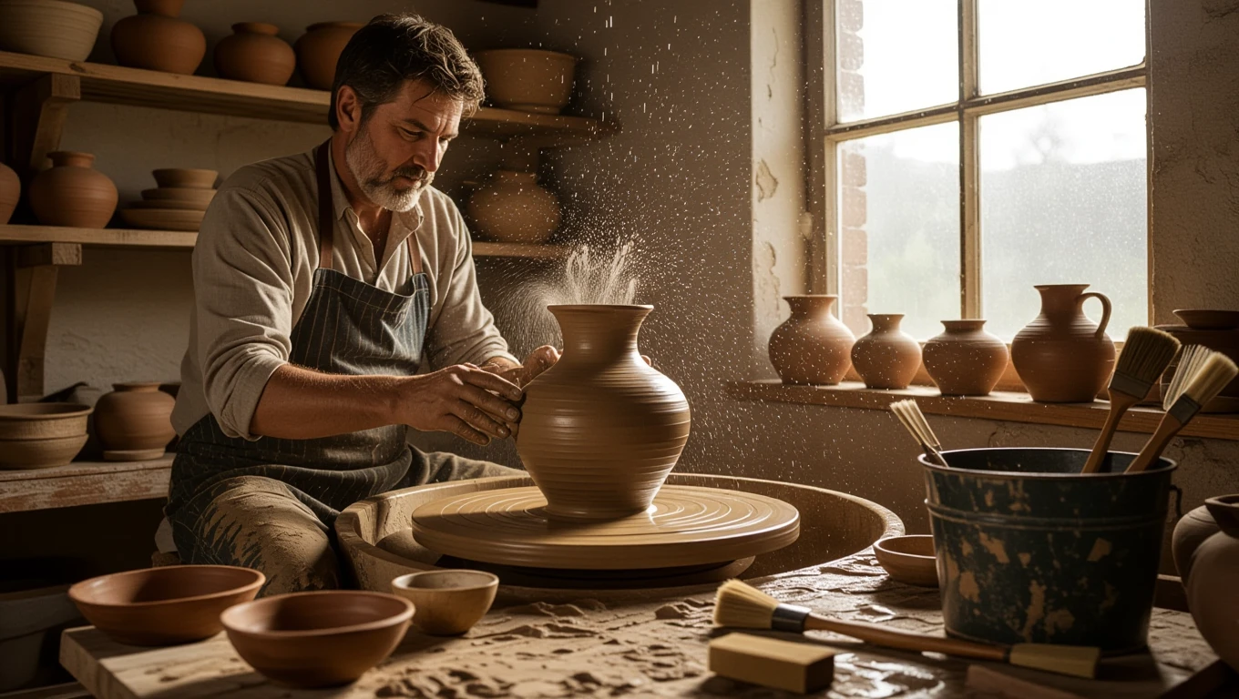 Un olar lucrează cu lutul, modelând o vază pe roata olarului într-un atelier luminos.