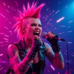 O artistă punk cu părul roz strigând la microfon, îmbrăcată în piele, emanând energie și nonconformism.