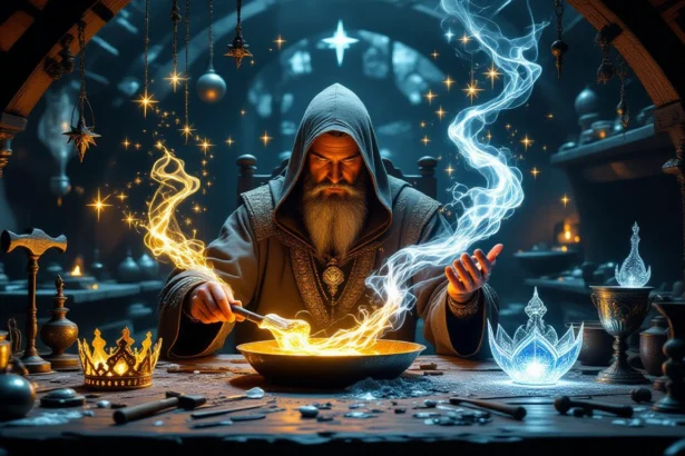 Un magician îmbrăcat în robe, turnând aur dintr-un bol, înconjurat de obiecte magice.