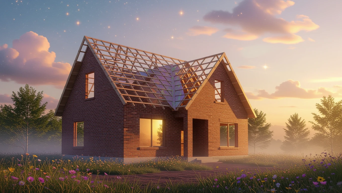 O casă în construcție, cu feronerie vizibilă și feronerie pe acoperiș, înconjurată de flori și copaci, simbolizând noi începuturi.