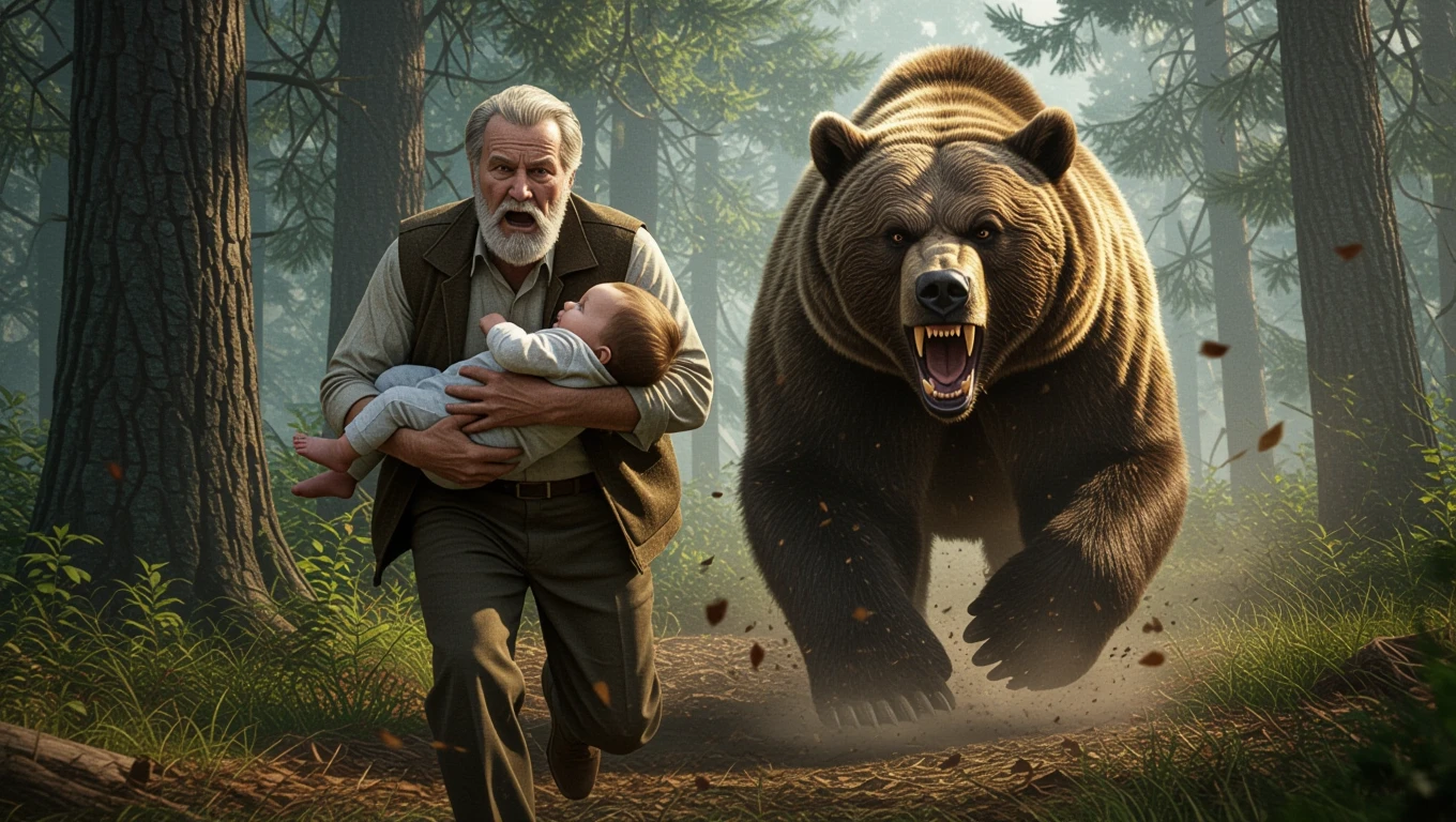 Un bărbat în vârstă fuge prin pădure cu un copil în brațe, fiind urmărit de un urs furios.
