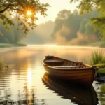 O barcă din lemn ancorată pe un lac liniștit, înconjurat de copaci și iarbă verde, sub razele soarelui dimineața.